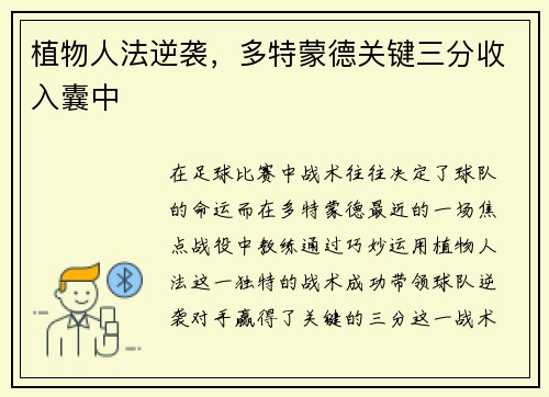 植物人法逆袭，多特蒙德关键三分收入囊中